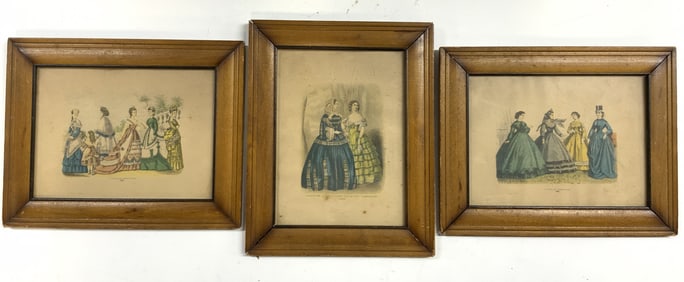 3 Art Godey Fashion Hand Colored Litho Prints