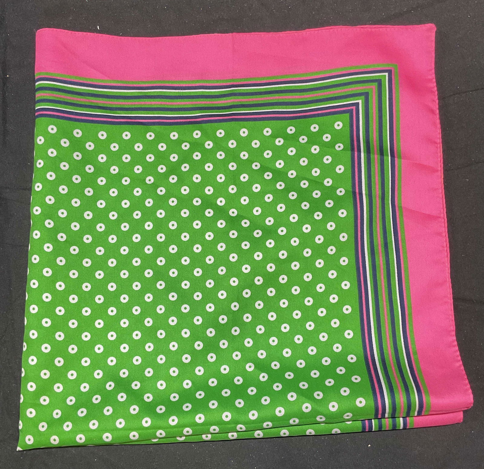 Pink & Green Striped Dot Pattern Scarf: Pink and green toned scarf with striped and dot pattern. Polyester, silk feel. Measures approx 26 x 26.5 inches. Some wear to material including small blemishes. Scarf, pink scarf, green scarf, stripe