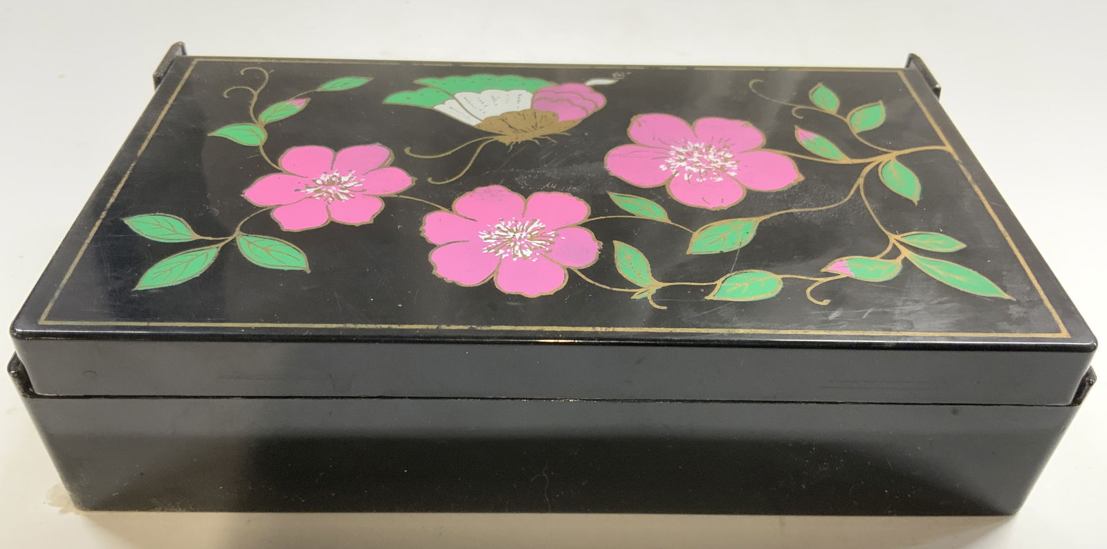 Vintage Lacquered Asian Makeup Box W Lid & Mirror (1 of 8)