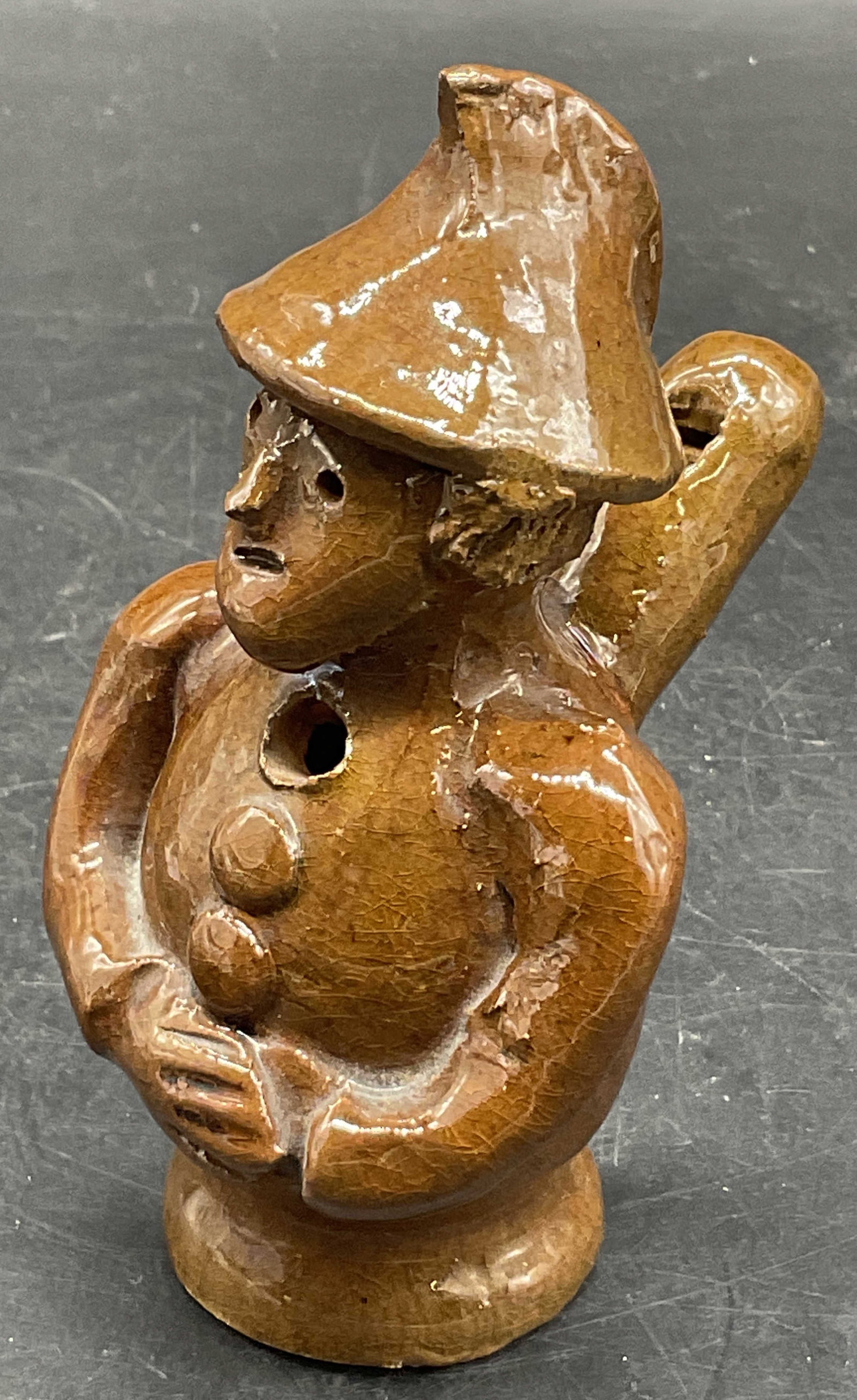 Vintage Handmade Folk Art Glazed Pottery Whistle: Vintage Handmade Folk Art Glazed Pottery Whistle. Measures approx. 4.25H x 3W in. Measured at widest point. Crazing, chipping, and surface wear present. home decor, home accents, homewares, housewares