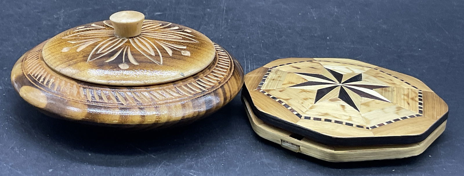 Carved Wood Trinket Box & Inlaid Wood Compact (1 of 7)