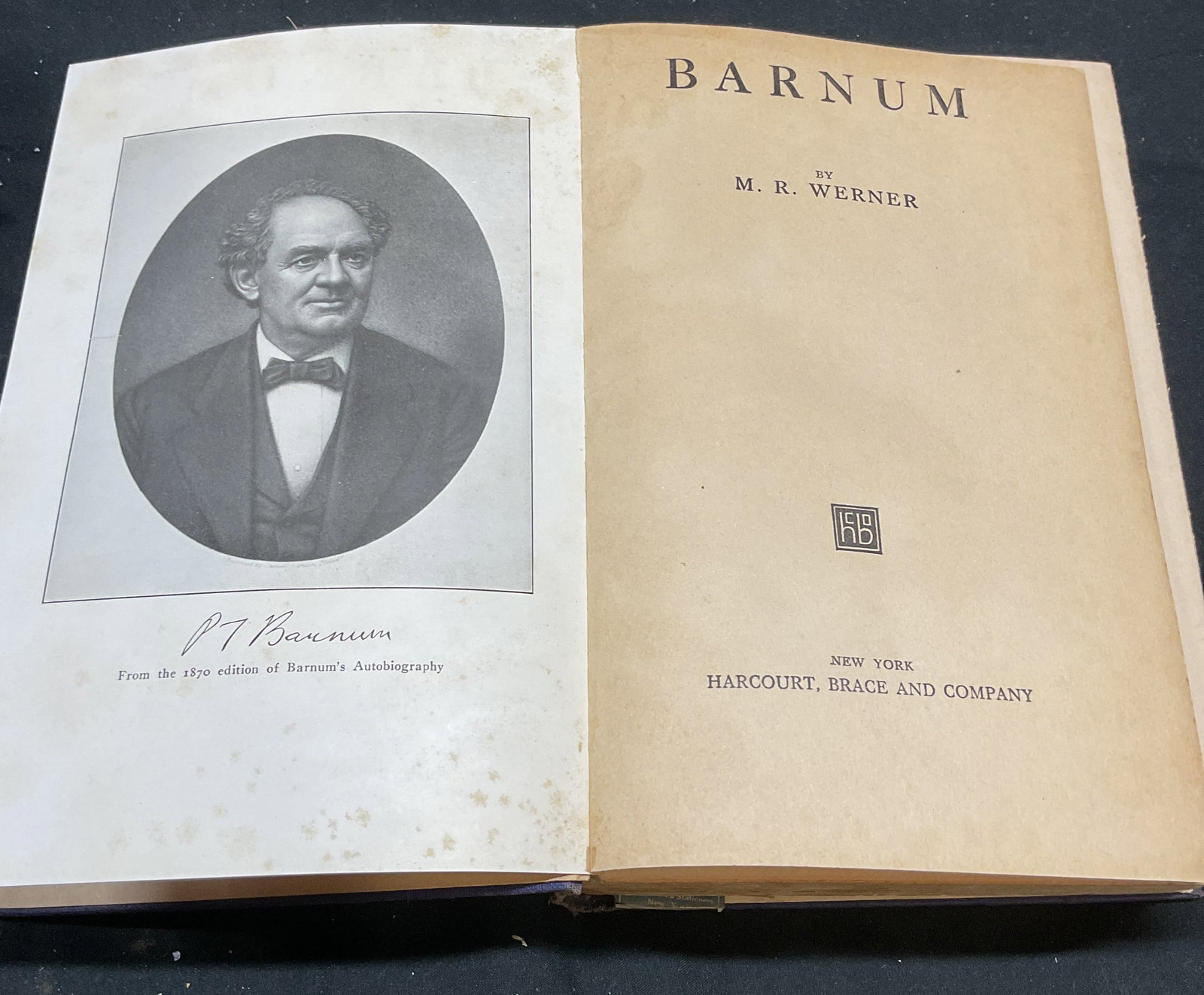 1923 Barnum M. R. Werner, Illustrated Book: Antique hardcover copy of Barnum by M. R. Werner. Illustrated. Harcourt, Brace & Company, 1923. Measures approx 9 x 6 inches. Wear to cover, pages, and binding consistent with exposure. Barnum, P t Ba