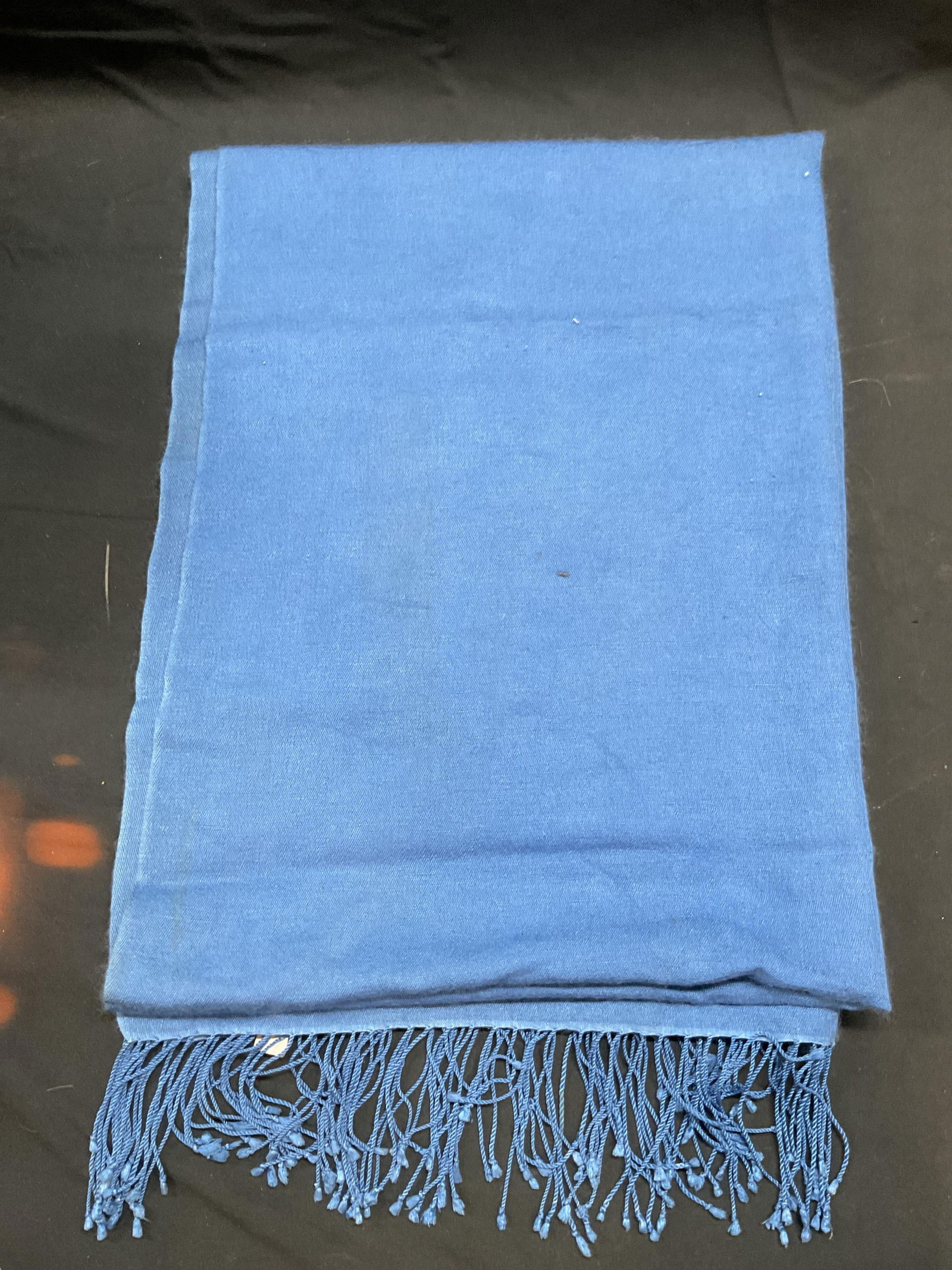 Gabriele Sanders Blue Cashmere Silk Scarf: Gabriele Sanders blue cashmere and silk blend scarf with fringe. Handmade in Nepal. Measures approx 75 inches long. Wear including blemishes, holes, pulling observed. Gabriele sanders, Gabriele sander