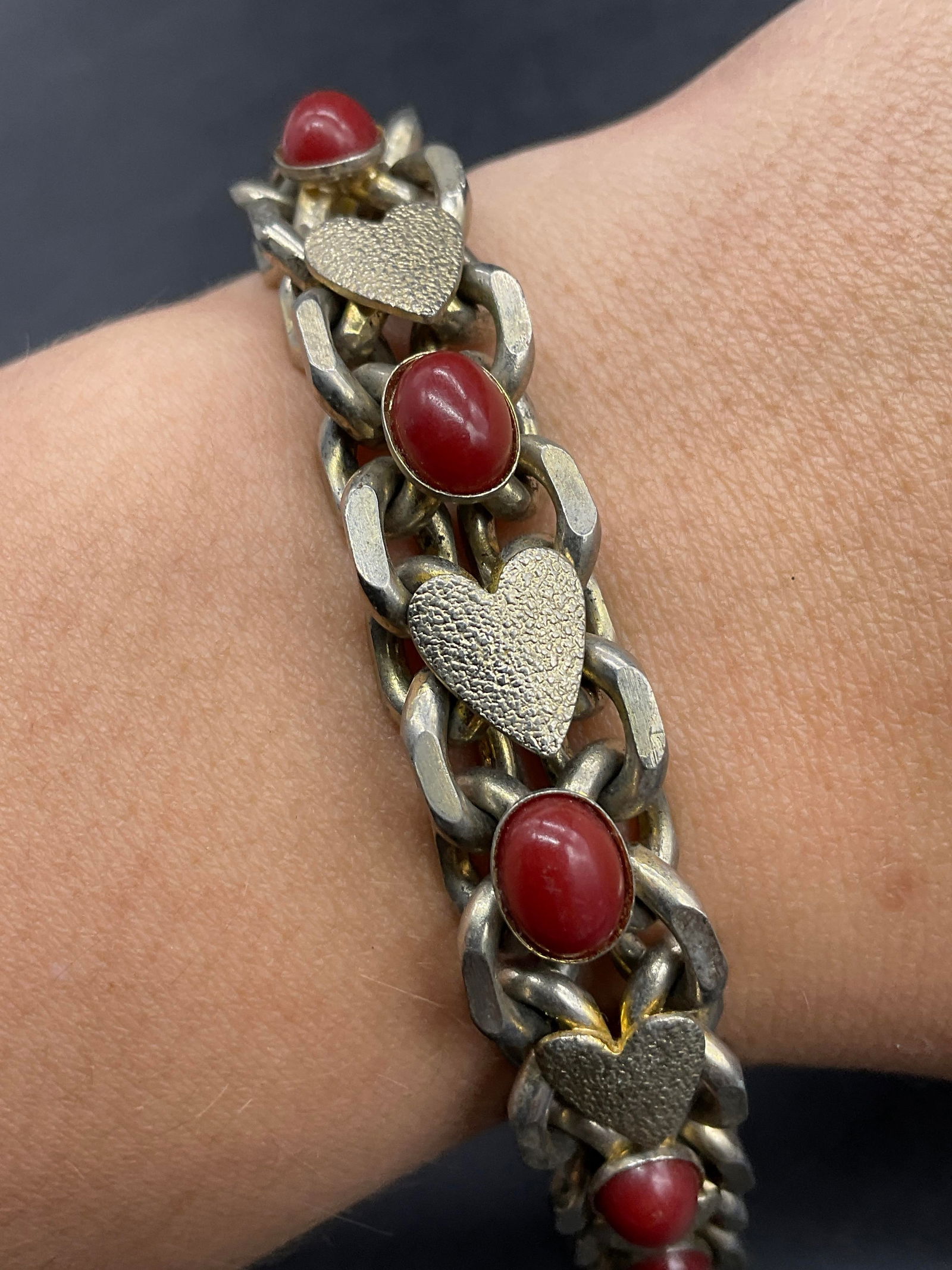 Vintage Heart Motif & Red Cabochon Bracelet (1 of 6)
