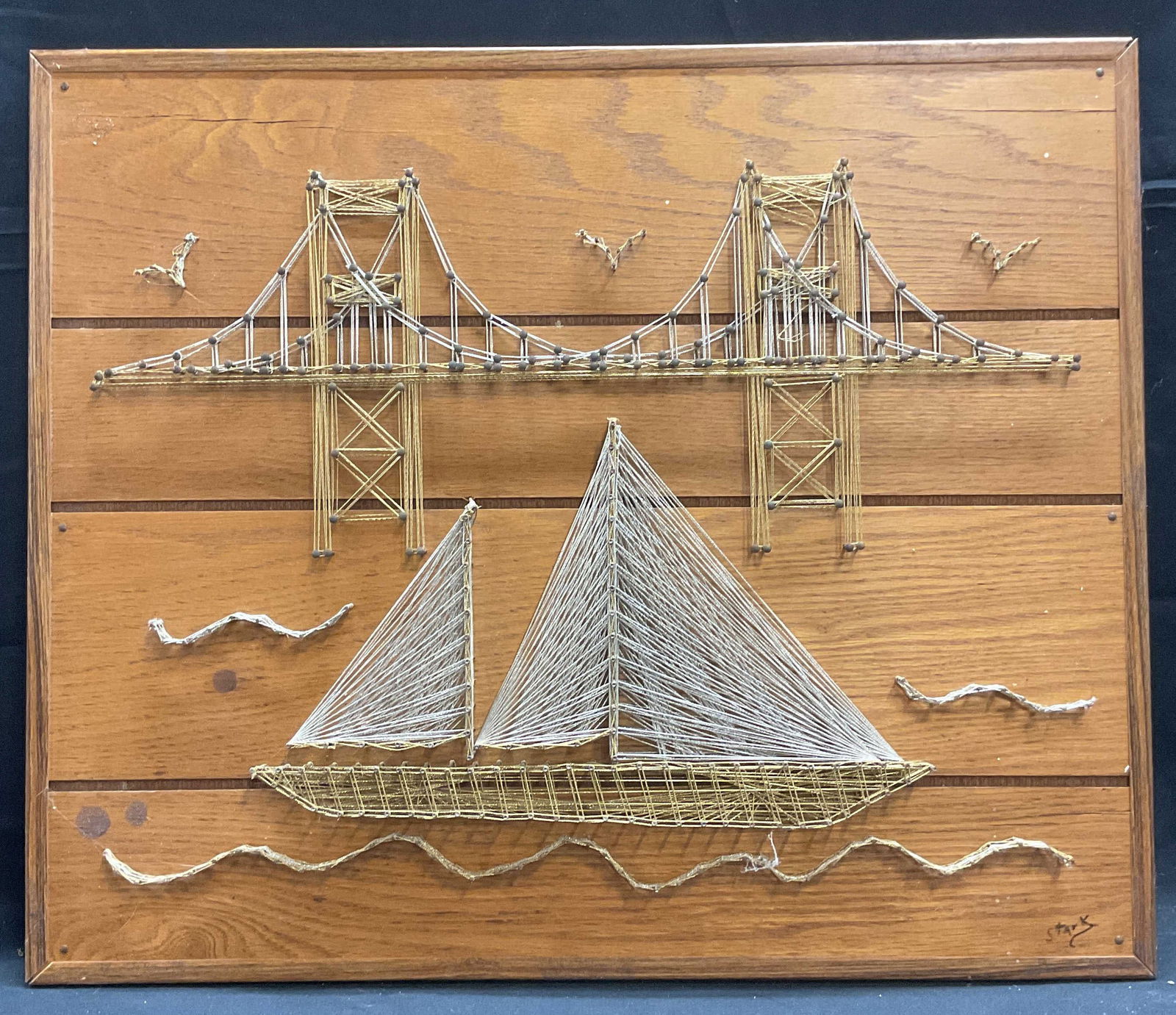 Sgn Stark Sailboat & Bridge String Folk Art Panel (1 of 9)