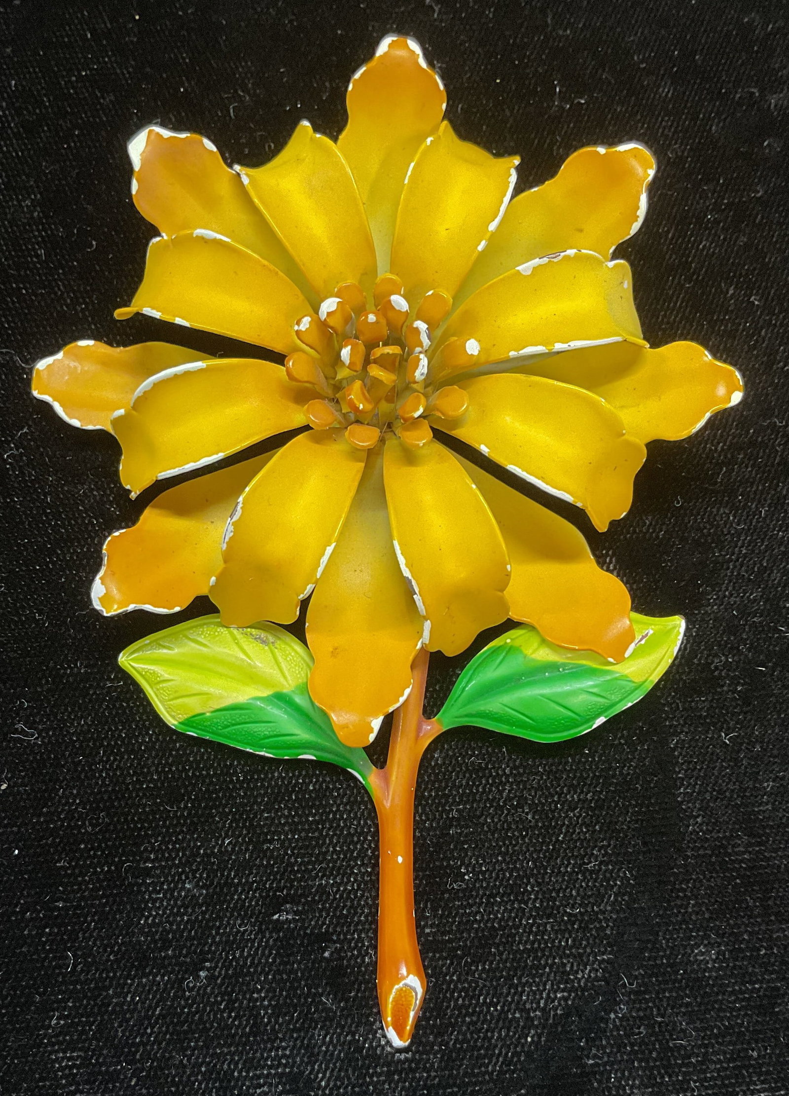 Vintage Yellow Enamel Flower Brooch 4 Inches: Vintage flower motif brooch. Yellow and green enamel. Measures approx 4 x 3 inches. Some scratching and loss to enamel. Jewelry, estate jewelry, costume jewelry, cocktail jewelry, fashion jewelry, acc