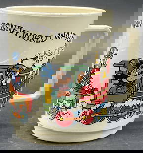 DEKA USA Walt Disney Productions Mug: DEKA USA Walt Disney Productions Mug. Crafted from plastic or composite material. Features iconic Disney characters, such as Mickey Mouse, on a train. Underside reads DEKA, ELIZABETH NJ, MADE IN