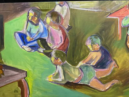Signed CM Fraser Children Watching TV Oil Painting: Signed Carmen M. Fraser oil on canvas painting. TV Watchers. Group of children seated watching television in green and orange. Signed at lower right. Canvas measures approx 22 x 34 inches. Some