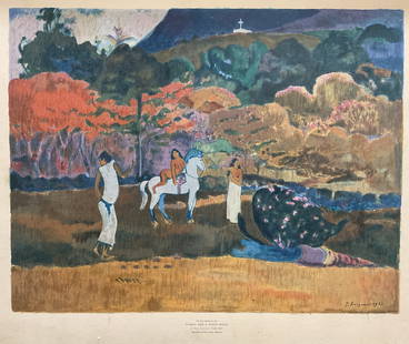 Framed After Gauguin Women & Horse Silkscreen: Framed silkscreen reproduction after Women and a White Horse by Paul Gauguin. Group of women, horse, and Tahitian landscape. Green metal frame, not examined out of frame. Frame measures approx 26