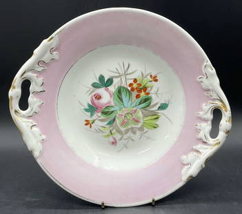KPM Hand Painted Floral Porcelain Handled Plate: Vintage KPM Hand Painted Floral Porcelain Handled Plate. Gilt line work to the piece. Underside marked KPM. Numbers 4442 written on the underside. Measures approx. 10.5W x 9.75L in. Losses to