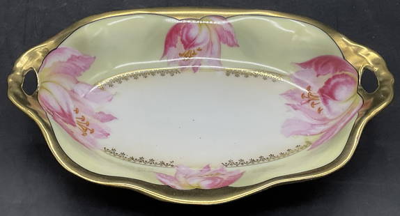 PRUSSIA Vintage Floral Porcelain Trinket Dish: PRUSSIA Vintage Floral Porcelain Trinket Dish / Keepsake Dish. Hand painted details to the piece. Pink florals alongside gilt line work. Underside is trademarked and reads PRUSSIA. Gilt numbers