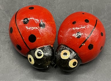 2 Vtg Handcrafted Painted Wood Ladybug Brooches