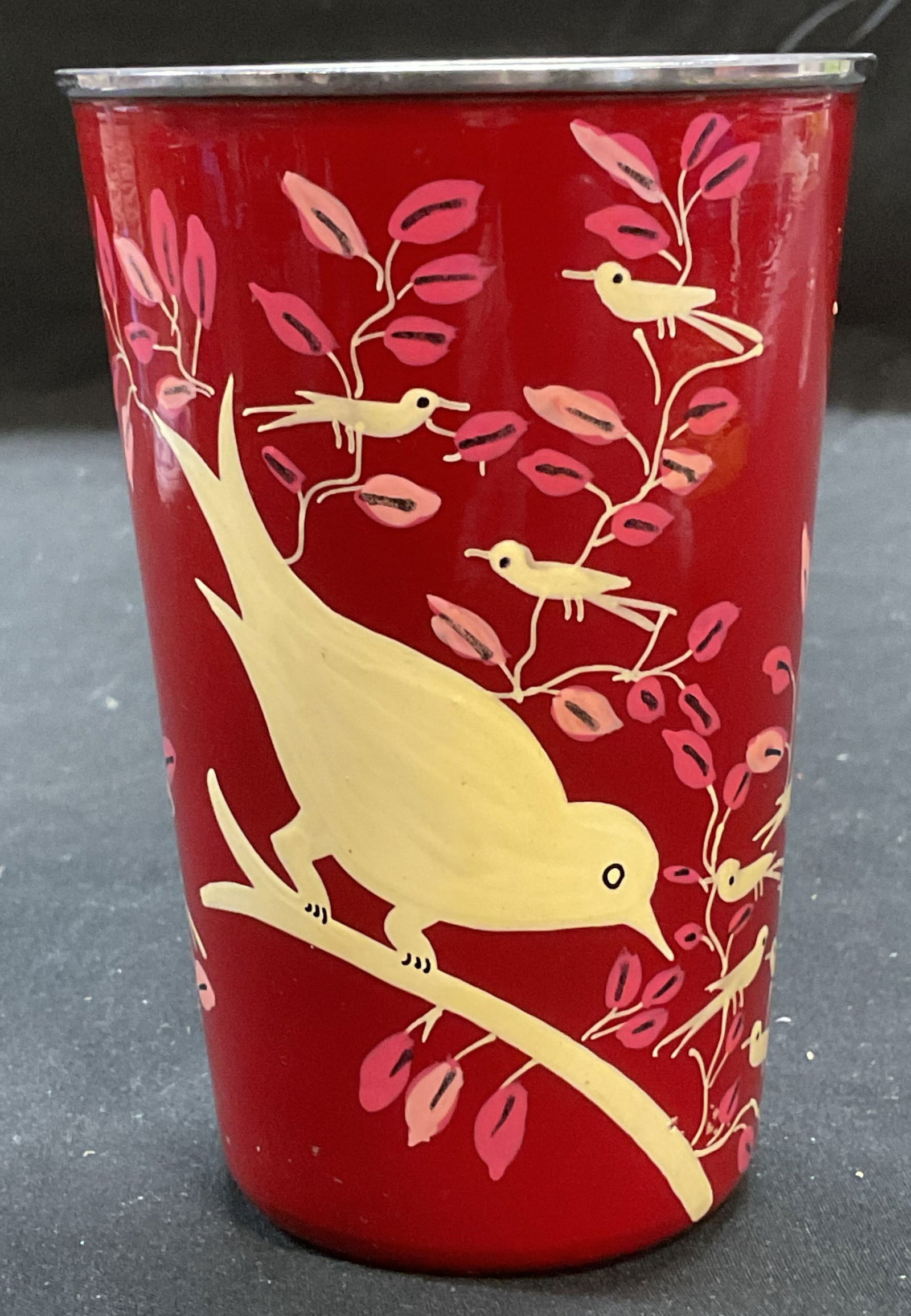 Vtg Red Enameled Bird on Branch Tumbler (1 of 6)