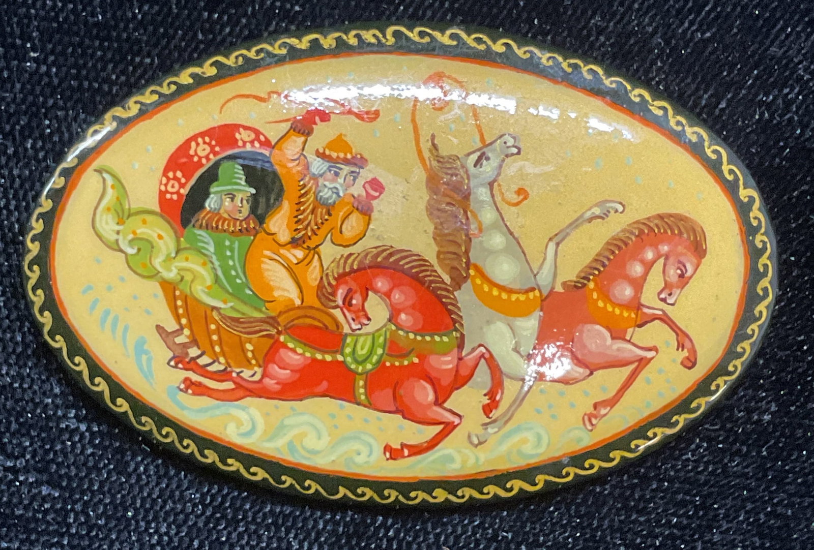Vintage Lacquered Wood Figural Horse Brooch: Vintage lacquered wood brooch with figures and horses. Measure approx 1.25 x 2 inches. Some wear including scratching observed. Jewelry, estate jewelry, costume jewelry, cocktail jewelry, fashion jewe