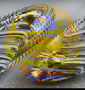 Vintage Art Glass Multicolored Paperweight: Vintage Art Glass Multicolored Paperweight. Bubbles to the interior surrounded by swirls of color. Measures approx. 2.5H x 2.25W in. Pitting and surface wear present. home decor, home accents, homewar
