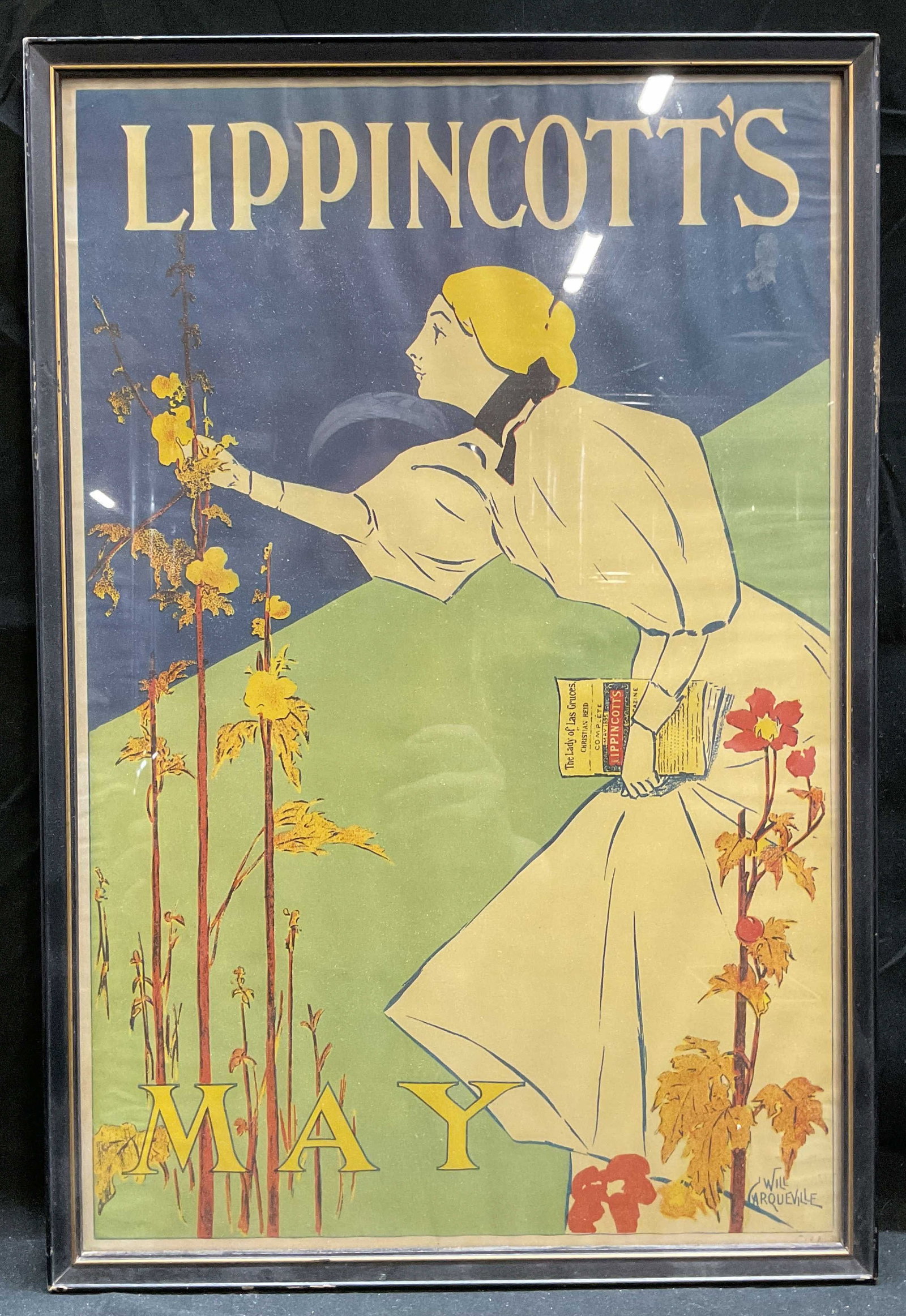 Framed Carqueville Lippincotts Advertisement: Framed lithograph. Advertisement for Lippincotts literary magazine. Original dated 1895, date of print unknown. Artwork by William Carqueville. Woman holding magazine with flowers. Wood frame. Not exa