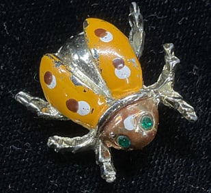 Vtg Gold Tn Crystal Enamel Ladybug Brooch