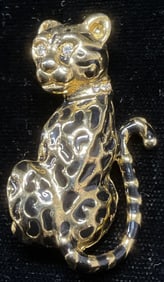 Gold Tone Enamel Crystal Leopard Brooch