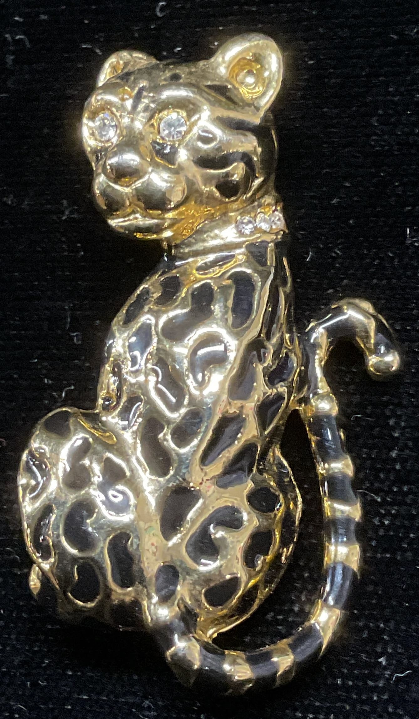 Gold Tone Enamel Crystal Leopard Brooch (1 of 6)
