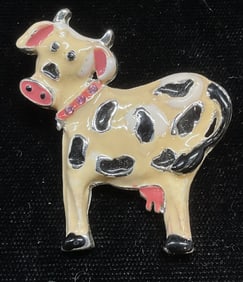 Signed AA White Enamel Crystal Cow Brooch
