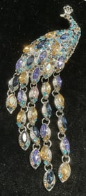 XL Silver Tn Crystal Peacock Brooch 5.75 In L