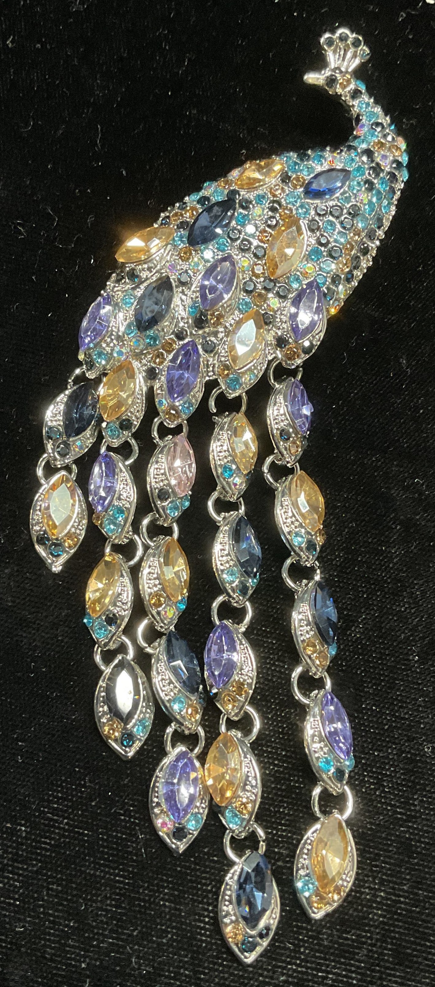 XL Silver Tn Crystal Peacock Brooch 5.75 In L (1 of 6)