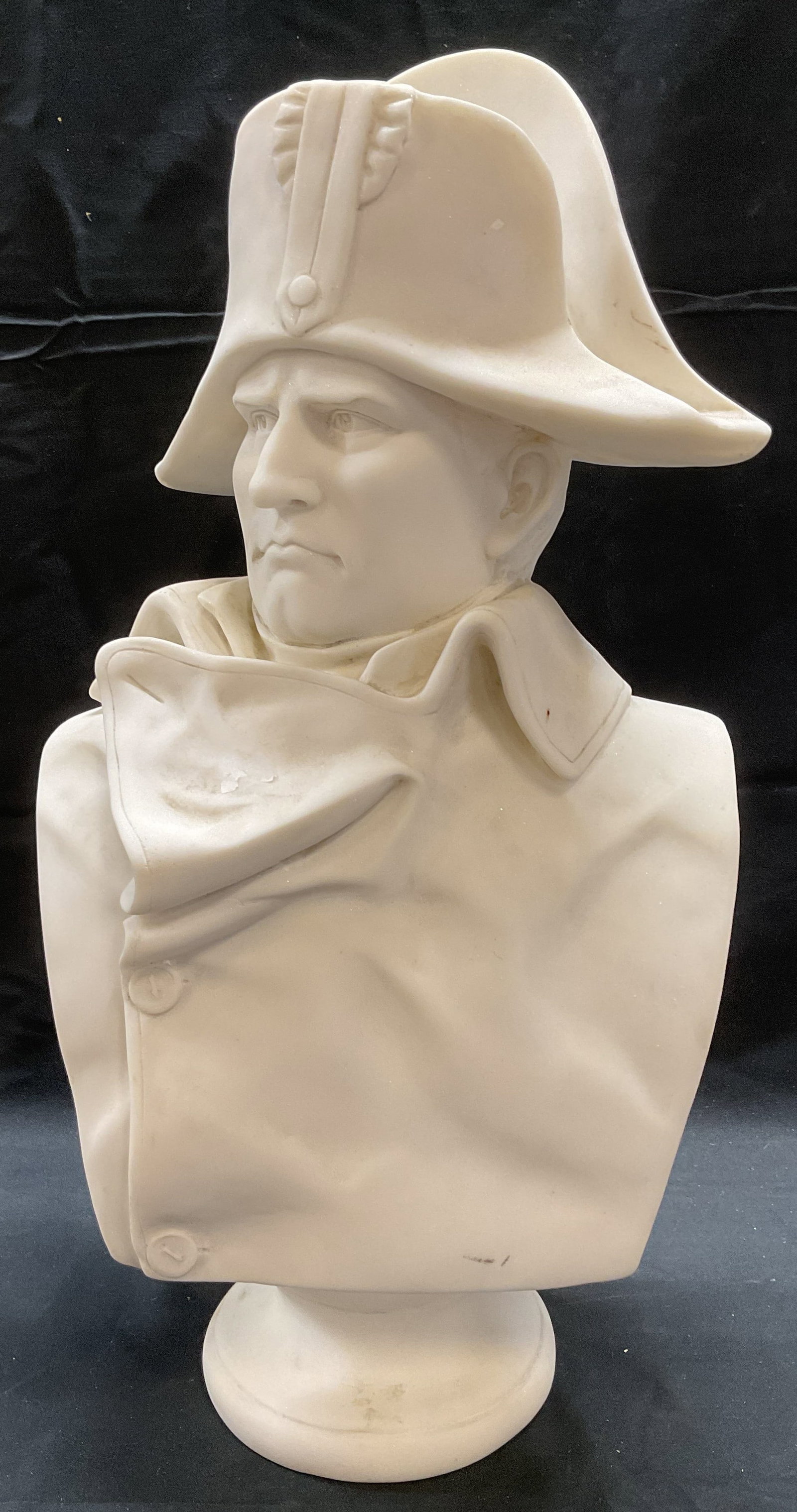 Tozai Marble Style Bust of Napoleon, 19.5in. Tall: Marble style bust of Napoleon Bonaparte. White composite, possibly contains marble dust. Measures approx 9.5 inches wide, 19.5 inches tall. Signed Tozai on label to underside. Piece has some weight. S