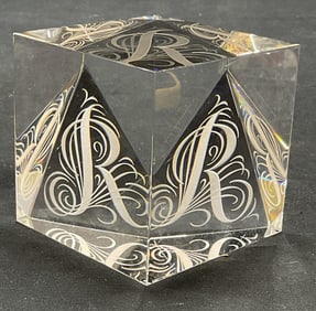 Steuben Art Glass Monogram R Paperweight