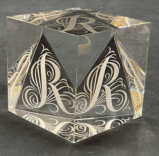 Steuben Art Glass Monogram R Paperweight: Steuben art glass paperweight. Prismatic square shape with etched monogram R. Piece has weight. Signed on underside. Measures approx. 2.5 x 2.5 x 2.5 inches. Some surface wear including small scratche