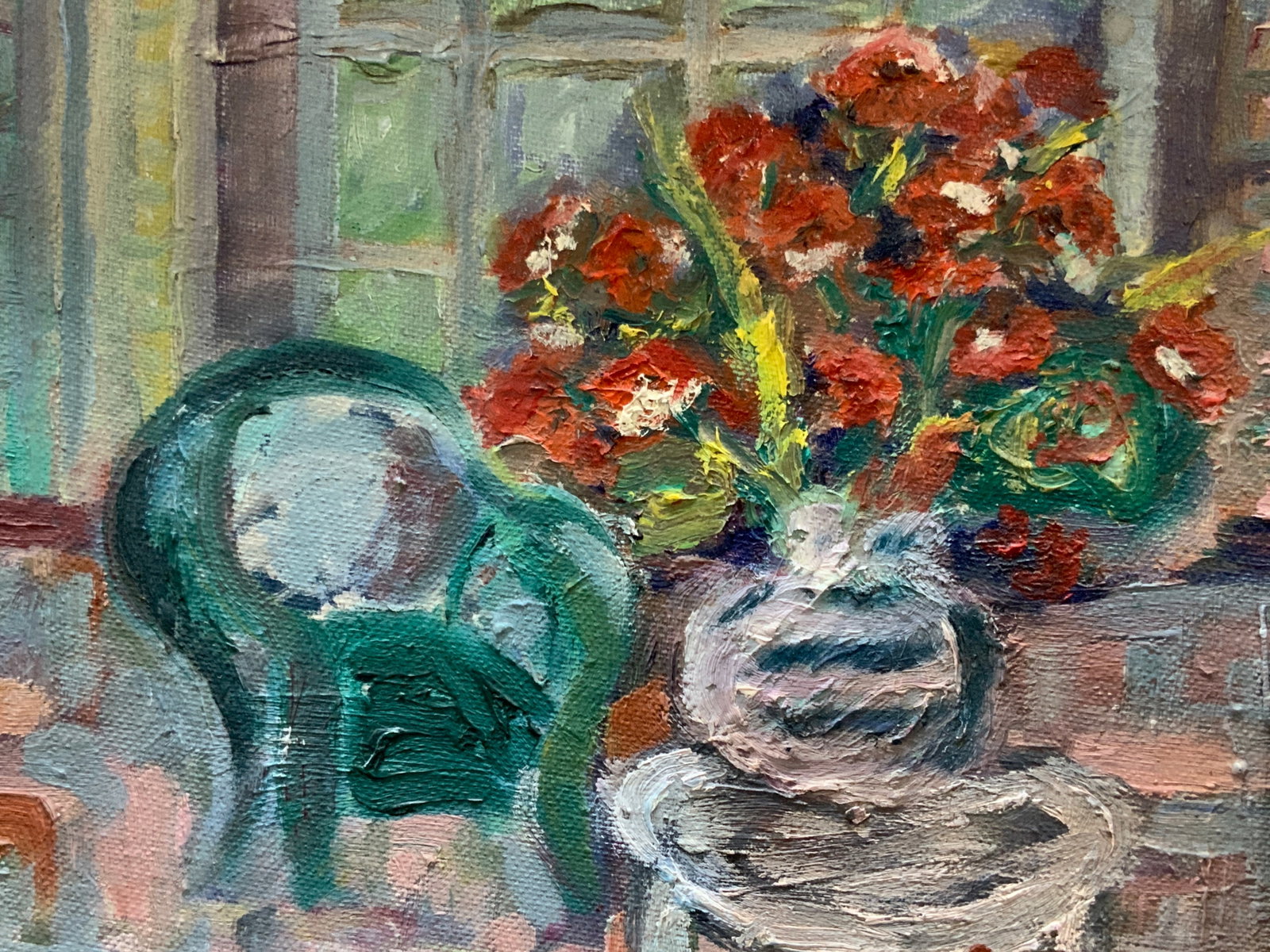 Sgd Vtg Still Life Oil Painting: Signed on lower corner illegibly. Depicts a still life of an interior of a room with a green chair and a bouquet of red flowers in a vase. Framed in a gold leafed wooden frame with raised leaf motifs 