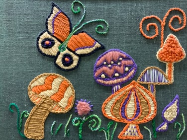 Framed Vtg Cross Stitching Mushroom Fabric Art