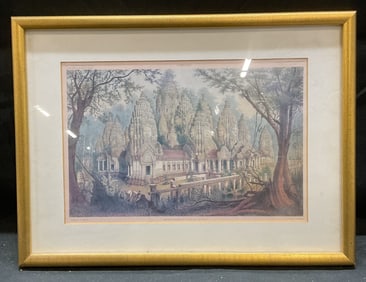 Framed Ruins of Bayon Cambodian Scene Litho