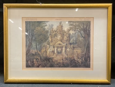 Framed Angkor Thom Cambodian Scene Litho