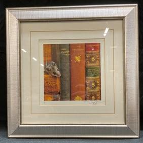 Framed Signed Mouse & Books Lithograph