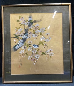 Framed Asian Bird & Flower Painting on Silk