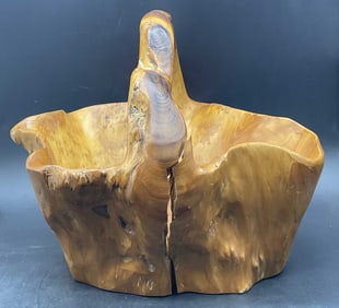 Carved Knobby Burl Wood Top Handle Basket