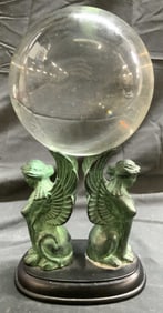Winged Female Sphinx Base W Glass Orb Sculpture