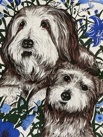 Vintage Blue & White Dog & Flowers Tea Towel