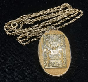 Gold Tone Aztec Motif Locket Necklace