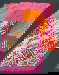 Lot 2 Vera Color Block Silk Scarf, Butterfly Scarf: Vera color block graphic print silk scarf in orange and pink. Butterfly print silk scarf in white and purple. Longer scarf measures approx 48 inches long. Both scarves have wear including blemishes an