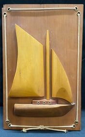 Signed 1966 Sailboat Wood Carved Relief Plaque