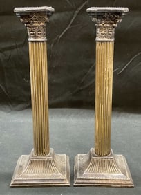 Pair Vtg Heavy Silver Plated Column Candlesticks