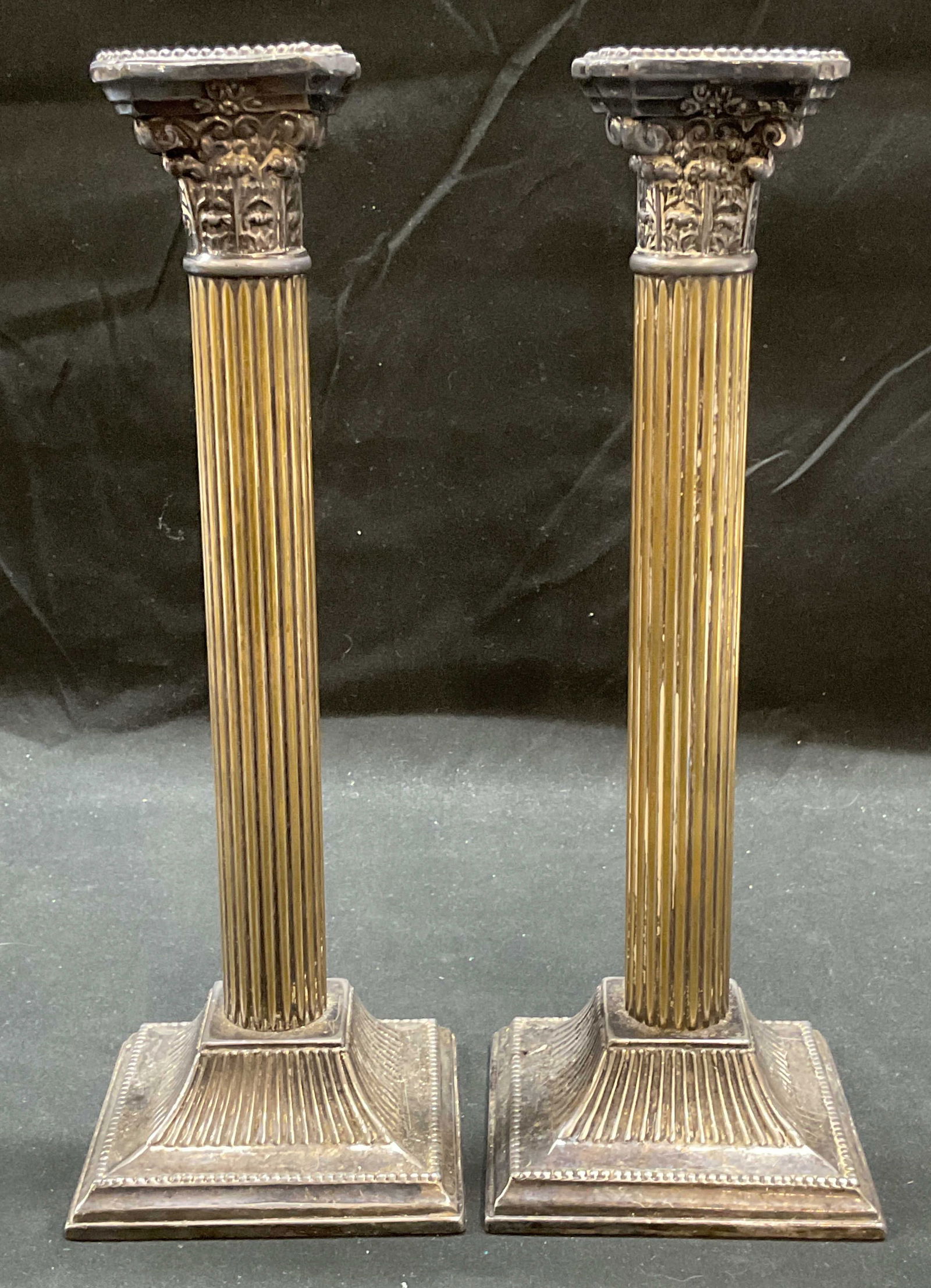 Pair Vtg Heavy Silver Plated Column Candlesticks (1 of 6)