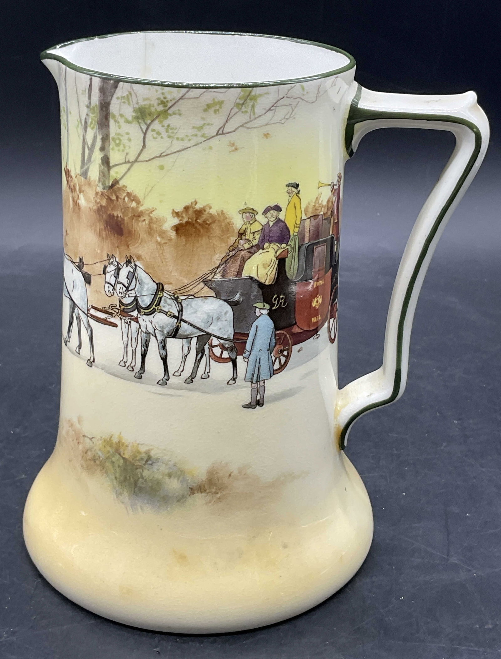 ROYAL DOULTON ENGLAND Hand Painted Horse Mug: ROYAL DOULTON ENGLAND Hand Painted Horse W/ Carriage & People Mug. Measures approx. 6.25H x 5W in. Width measured at widest point. Cracking, crazing, discoloration, and surface wear present. Residue t