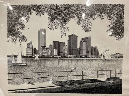 Signed D Duchein Lower Manhattan Lithograph 1978: Signed Delbart Duchein lithograph. Lower Manhattan. View of Manhattan skyline with sailboats on water. Signed by hand at Lowe right. Dated 1978. Covered in protective plastic, not viewed out of plasti