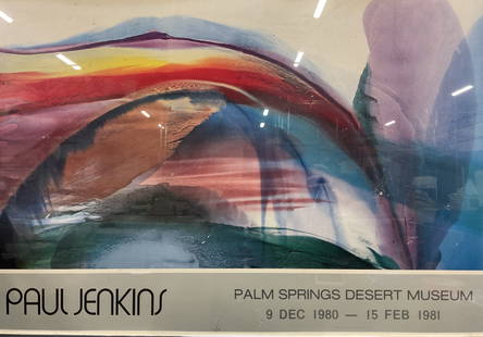 Framed Paul Jenkins Palm Spring Museum Litho 38in: Framed exhibition lithograph. Paul Jenkins at Palm Springs Desert Museum, 1980-81. Abstract composition in blue, red, purple, and green. Silver tone metal frame, not examined out of frame. Frame measu