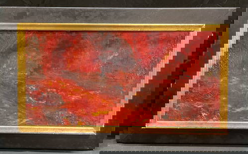 Framed Signed Abstract Landscape Oil Painting: Framed oil painting on canvas. Abstract composition, landscape with view of exterior house in red. Signed at lower left, partially legible, possibly Leiker. Black and gilt wood frame, not examined out