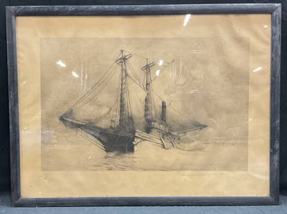 Framed Antique Schooner Ship Etching: Framed antique etching. Artwork by Reginald Cleveland Coxe. Signed at lower right illegibly. Schooner sailing ship and steamboat. Black wood frame, not examined out of frame. Frame measures approx 20.