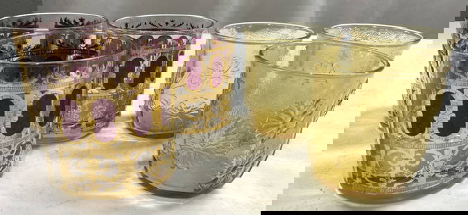 MCM 6 Culver Cranberry & Yellow Depress Gls Cups: Lot includes 6 cups. Three appear to be Culver (Mid century modern) with ornate gilt and cranberry tone detail. Three are yellow toned depression glass with floral and leaf detail. Each cup is glass.