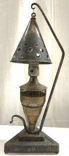 Antq Gothic Arts & Crafts Lamp W Iron Base: Lamp appears to be antique possibly vintage. Gothic arts and crafts lamp with metal polka dot pierced shade and triangular form hammered metal base with feet. Lamp has 1 bulb socket. Piece measures ap